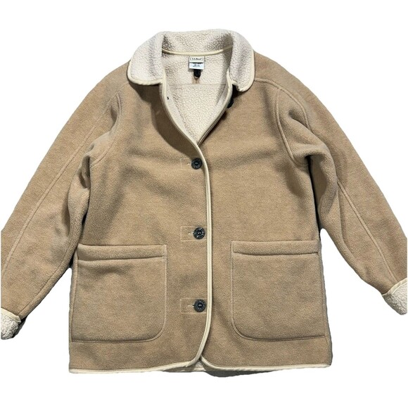 Vintage LL Bean Fleece Chore Jacket Women's Small Tan Button Front Made in USA - Picture 1 of 13
